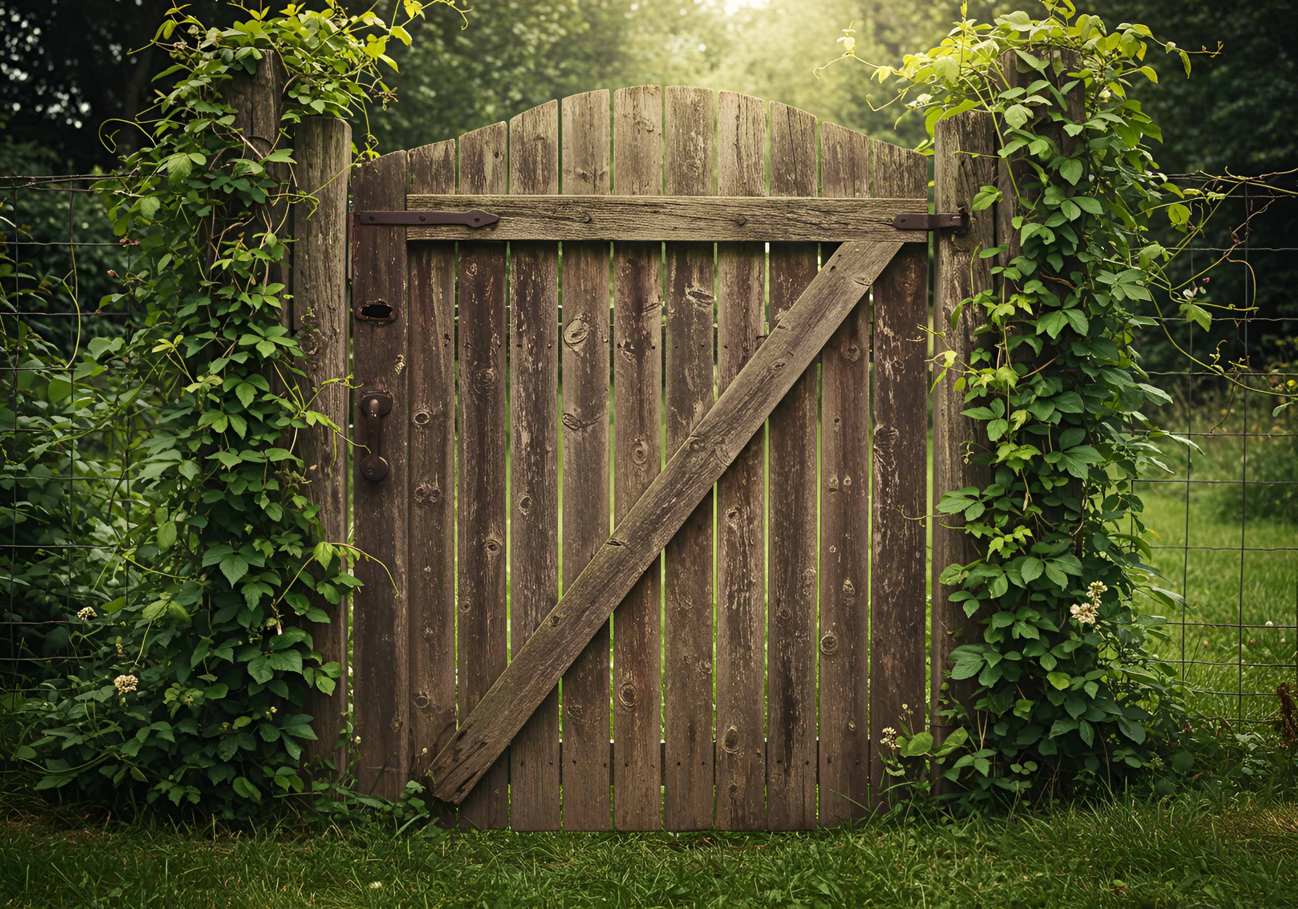 A garden gate surrounded by green vines
