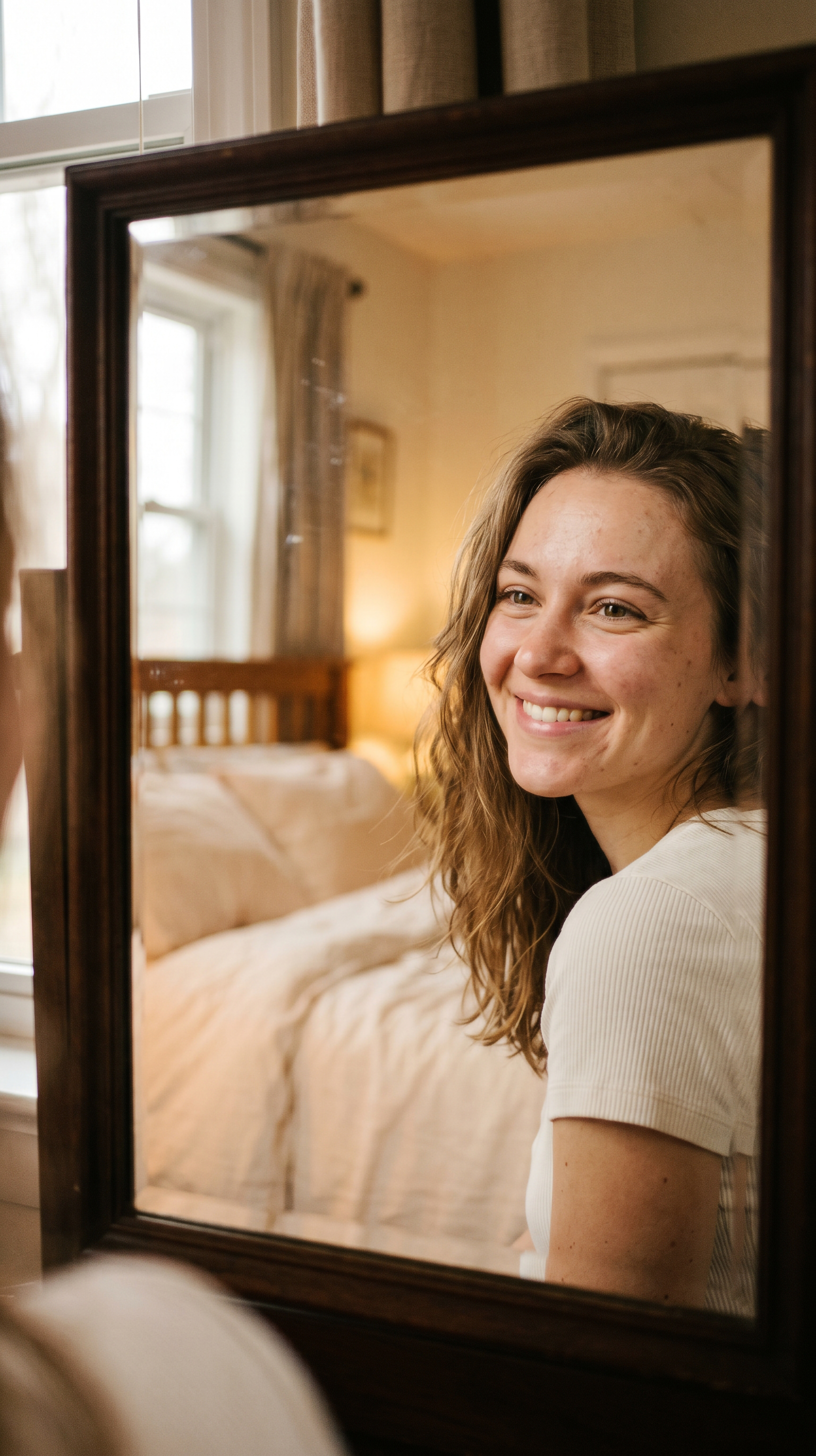 A woman smiling gently at her reflection