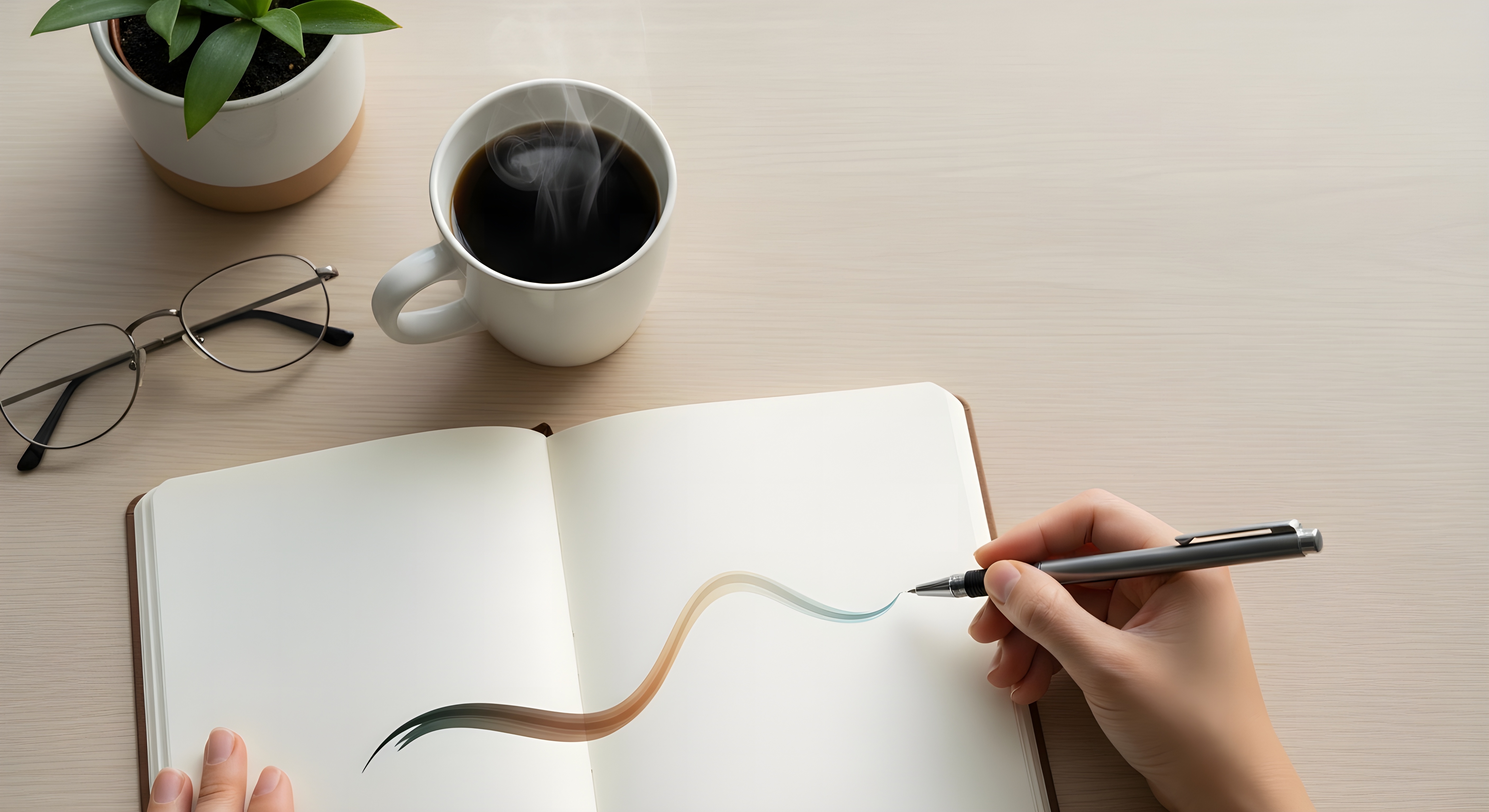 An open journal, coffee, and a pen on a quiet desk