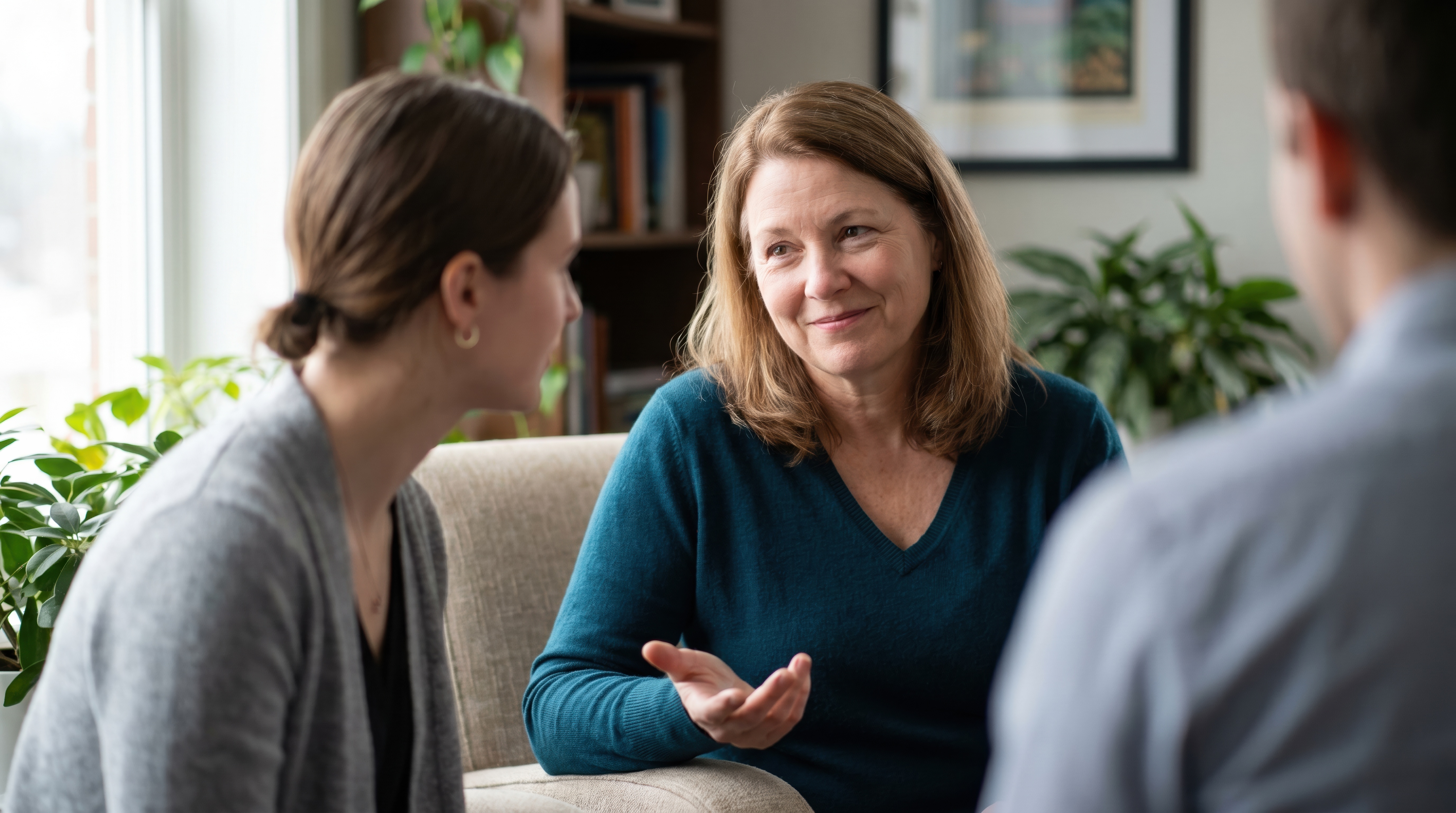 A supportive conversation in a calm room